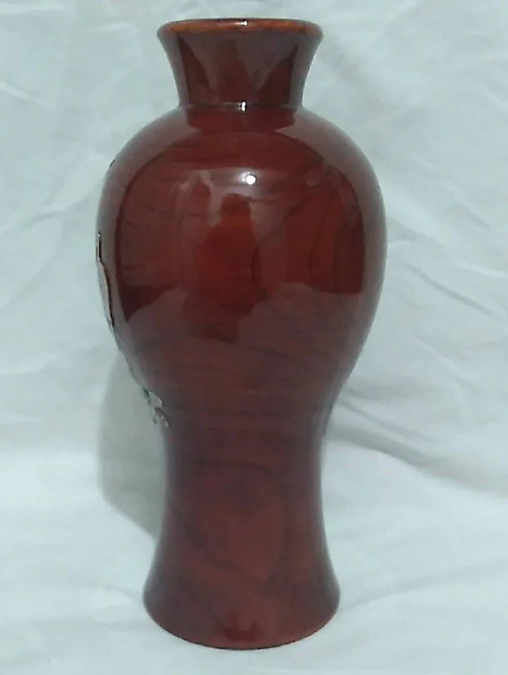 VNTG Japanese Red Lacquer Wood Vase  Mother-of-Pearl Crane  (B9)